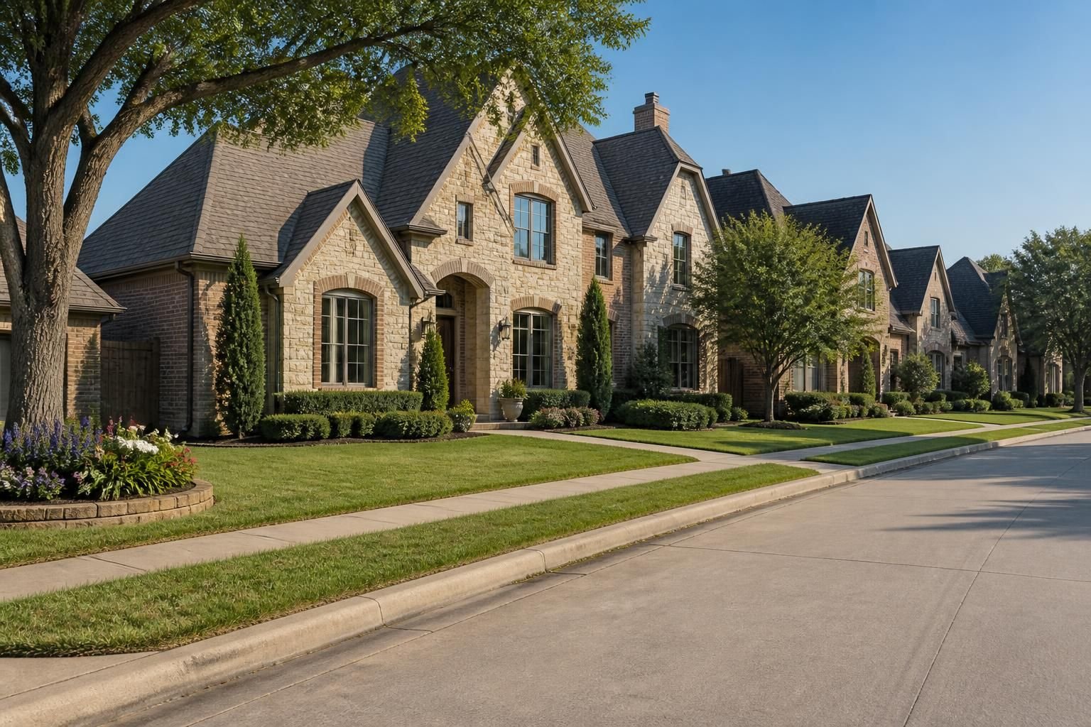 Well-kept Dallas neighborhood homes with prominent rooflines