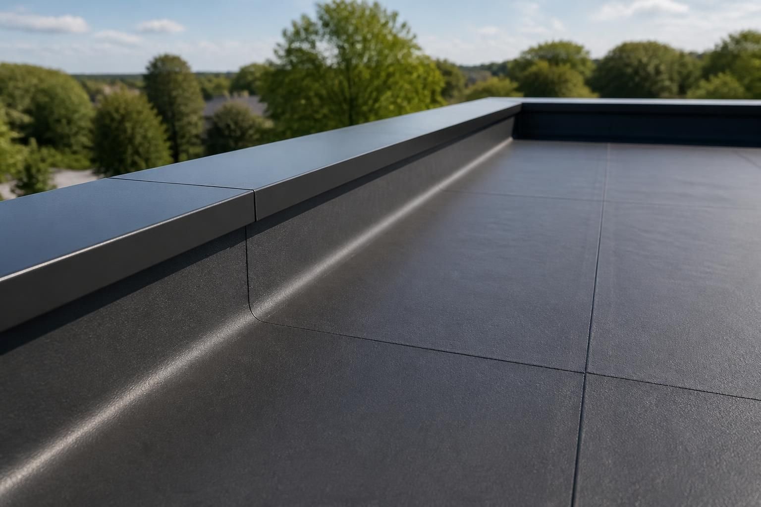 Finished flat roof with clean membrane surfaces
