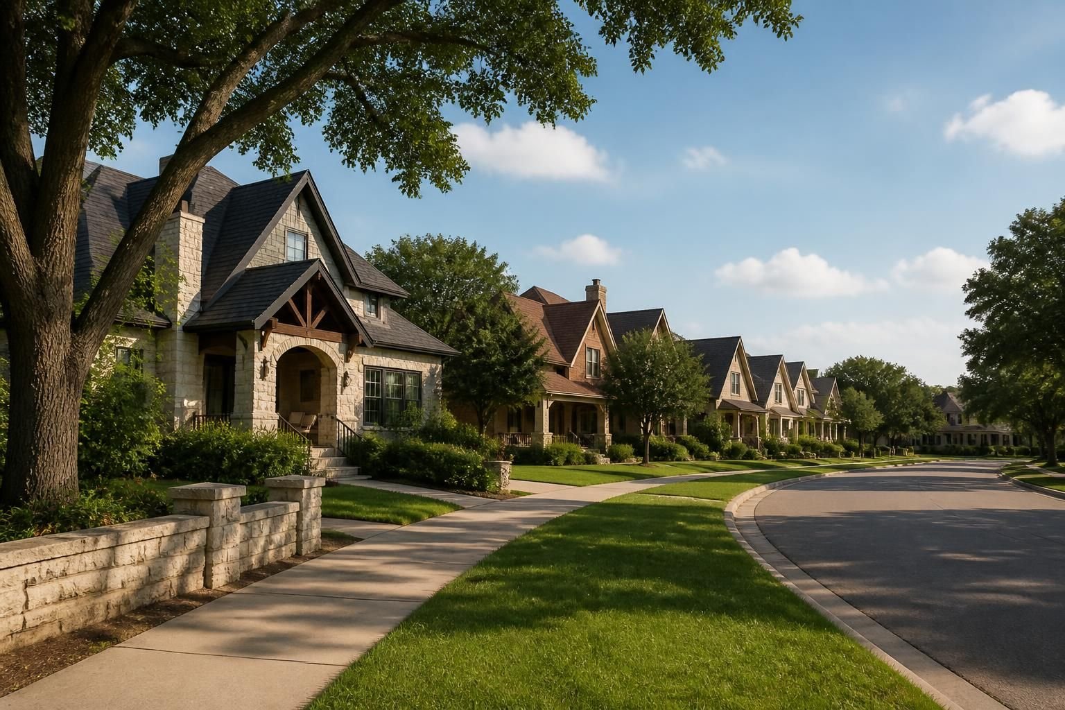 Fort Worth neighborhood homes beneath a bright Texas sky