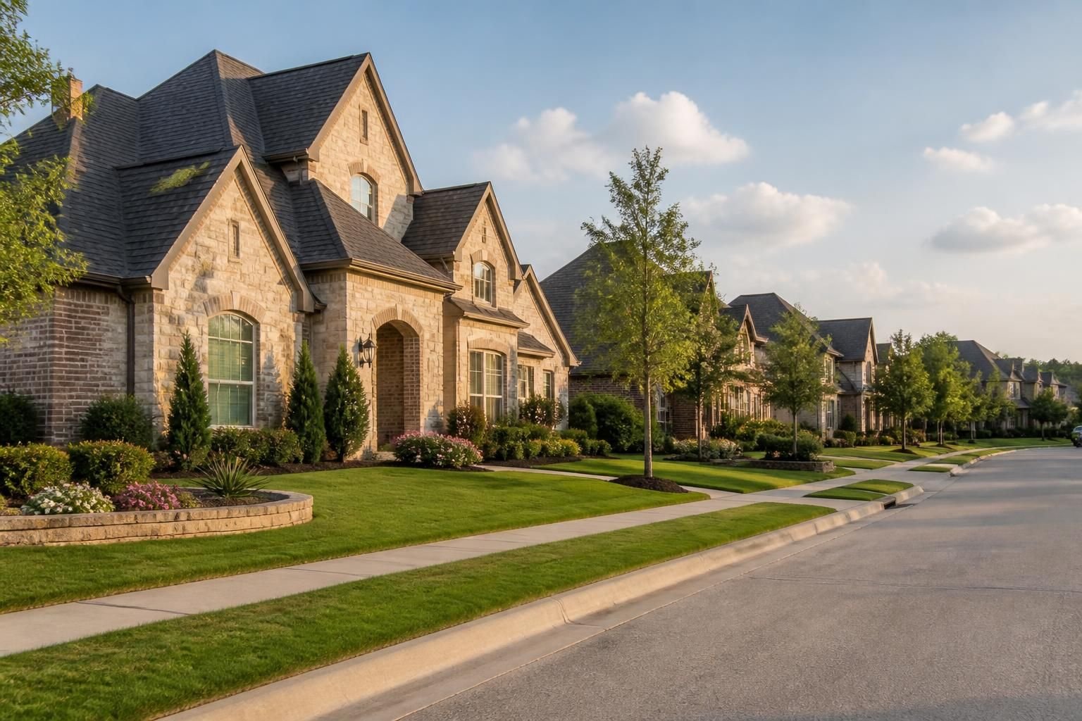 Plano neighborhood with upscale homes and prominent rooflines