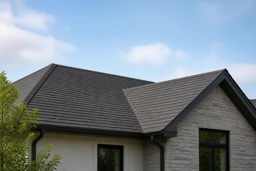 Modern home roof with clean shingle lines under natural daylight