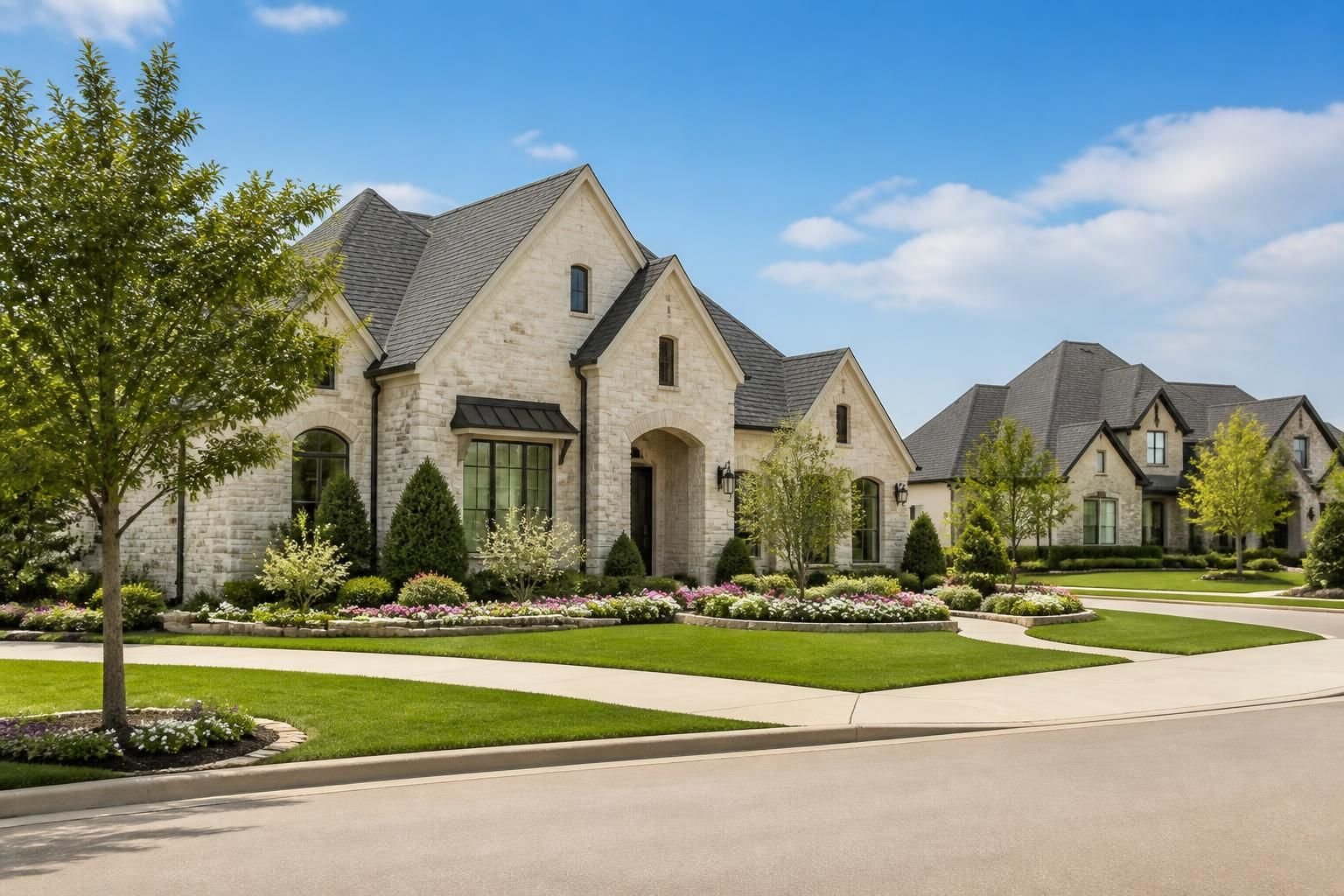 Southlake homes with manicured landscaping and elegant rooflines