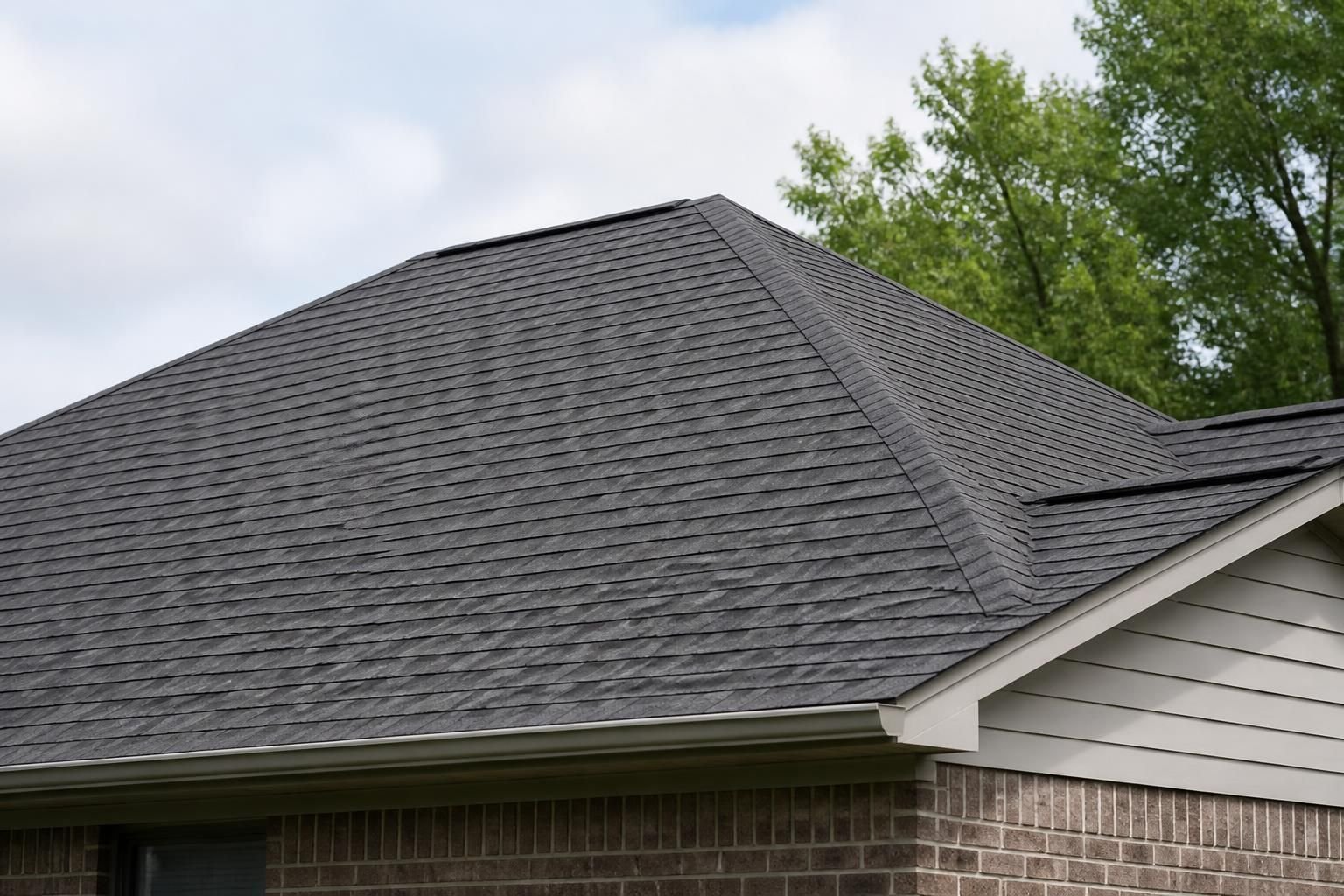 Restored roof with clean repairs after storm damage
